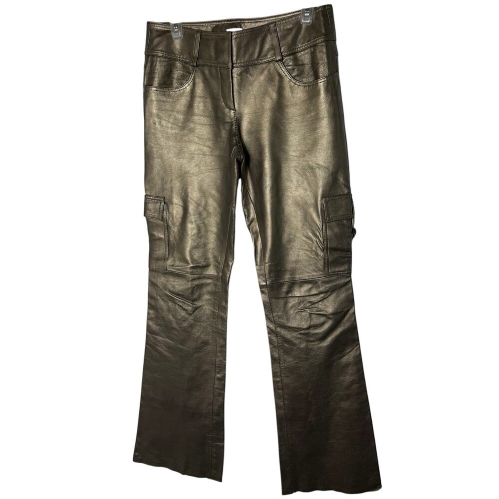 Vtg Cache Y2K Bronzed Gold Leather Flare Leg Cargo Pants Rocker Indie Sleaze 4